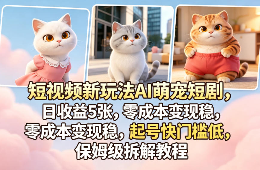 短视频新玩法AI萌宠短剧，日收益5张，零成本变现稳，起号快门槛低，保姆级拆解教程-优优云创网
