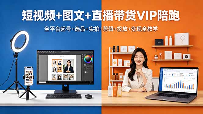 短视频+图文+直播带货VIP陪跑，全平台起号+选品+实拍+剪辑+投放+变现全教学-优优云创网