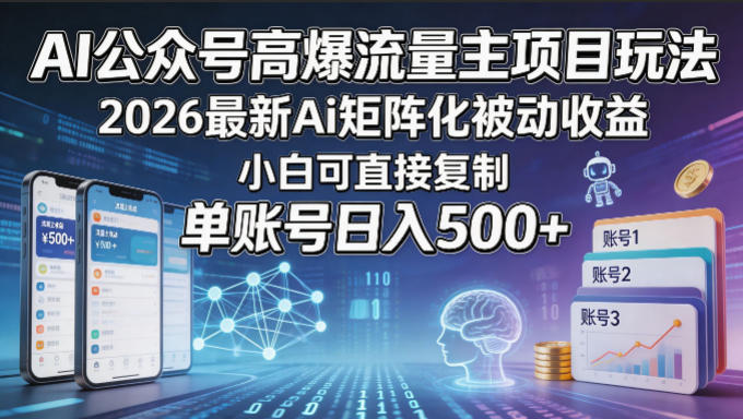 AI公众号高爆流量主项目玩法，2026最新Ai矩阵化被动收益，小白可直接复制，单账号日入500+-优优云创网