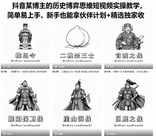 抖音某博主的历史博弈思维短视频实操教学，简单易上手，新手也能拿伙伴计划+精选独家收益-优优云创网