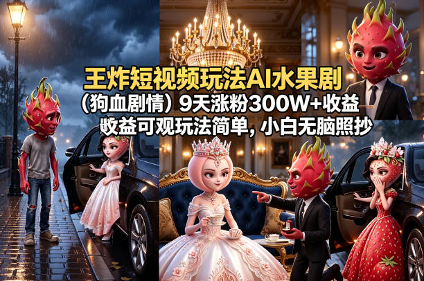 王炸短视频玩法AI水果剧(狗血剧情)9天涨粉300W+收益可观玩法简单，小白无脑照抄，详细拆解玩法-优优云创网
