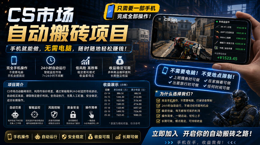 手机即可操作的CS市场自动搬砖系统｜自动监控｜自动下单|日入300+【揭秘】-优优云创网