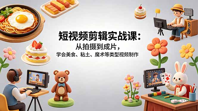 短视频剪辑实战课：从拍摄到成片，学会美食、粘土、魔术等类型视频制作-优优云创网