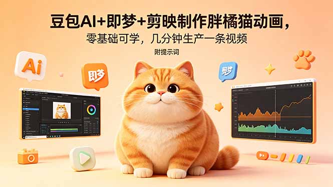 豆包AI+即梦+剪映制作胖橘猫动画，零基础可学，几分钟生产一条视频，附提示词-优优云创网