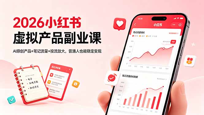 2026小红书虚拟产品副业课，AI原创产品+笔记流量+投流放大，普通人也能稳定变现-优优云创网