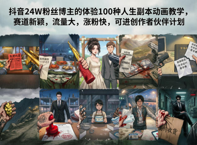 抖音24W粉丝博主的体验100种人生副本动画教学，赛道新颖，流量大，涨粉快，可进创作者伙伴计划-优优云创网