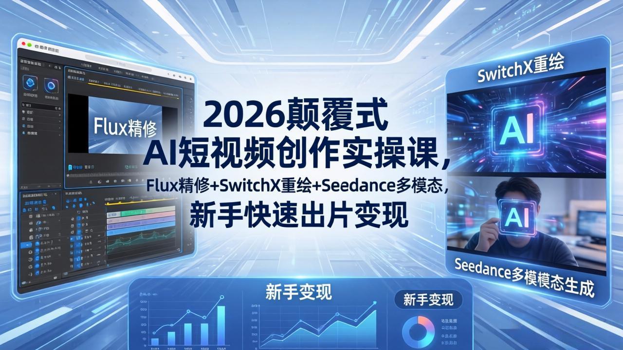 2026颠覆式 AI短视频创作课-5月更新，Flux精修+SwitchX重绘+Seedance多模态，新手快速出片变现-优优云创网