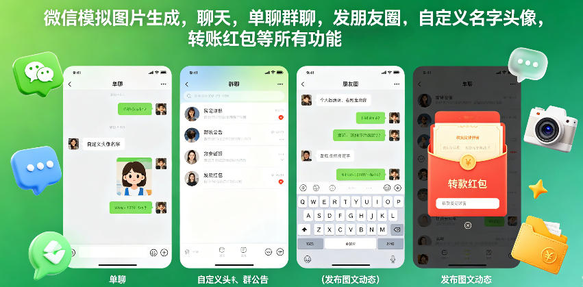 微信模拟图片生成，聊天，单聊群聊，发朋友圈，自定义名字头像，转账红包等所有功能都可以生成-优优云创网