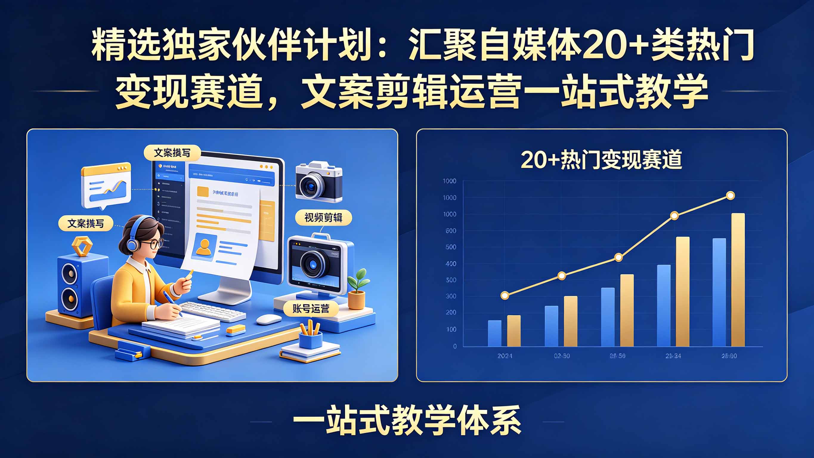 精选独家伙伴计划：汇聚自媒体20+类热门变现赛道，文案剪辑运营一站式教学-优优云创网