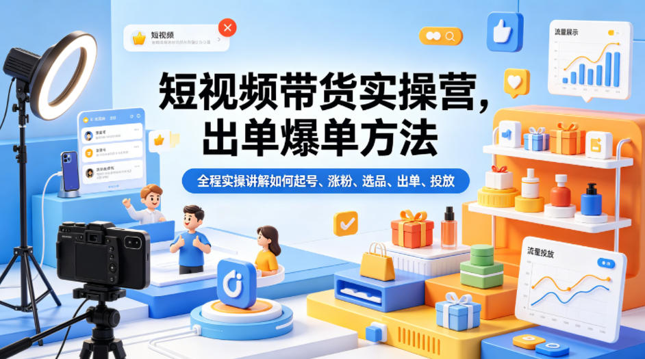 短视频带货实操营，出单爆单方法，全程实操讲解如何起号、涨粉、选品、出单、投放(更新0515)-优优云创网