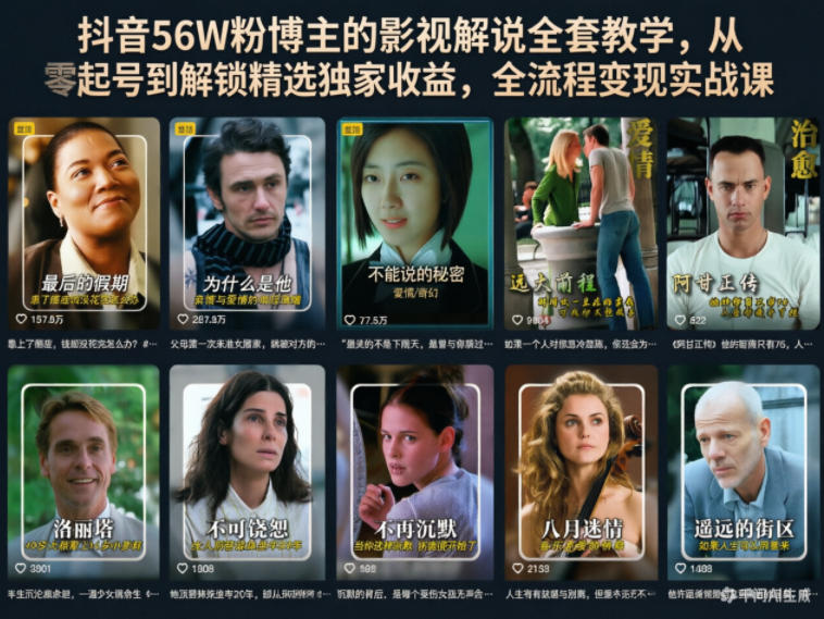 抖音56W粉博主的影视解说全套教学,从零起号到解锁精选独家收益,全流程变现实战课-优优云创网