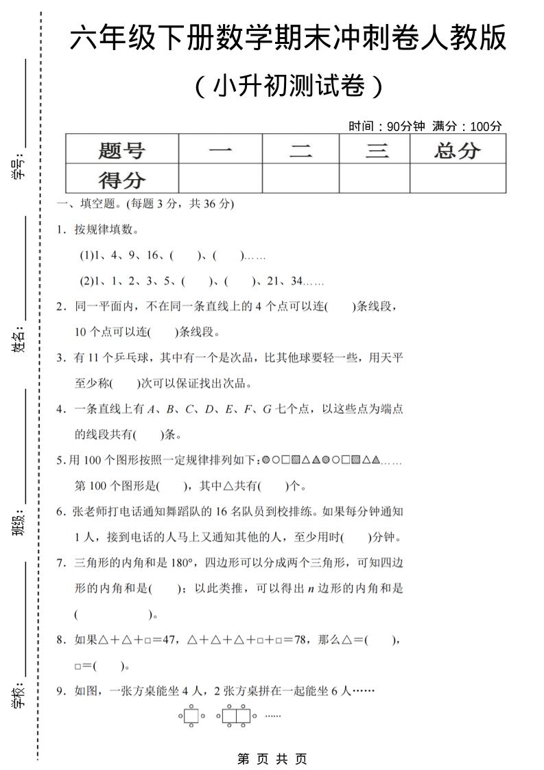 六年级下数学期末小升初冲刺卷《人教版》-优优云创网