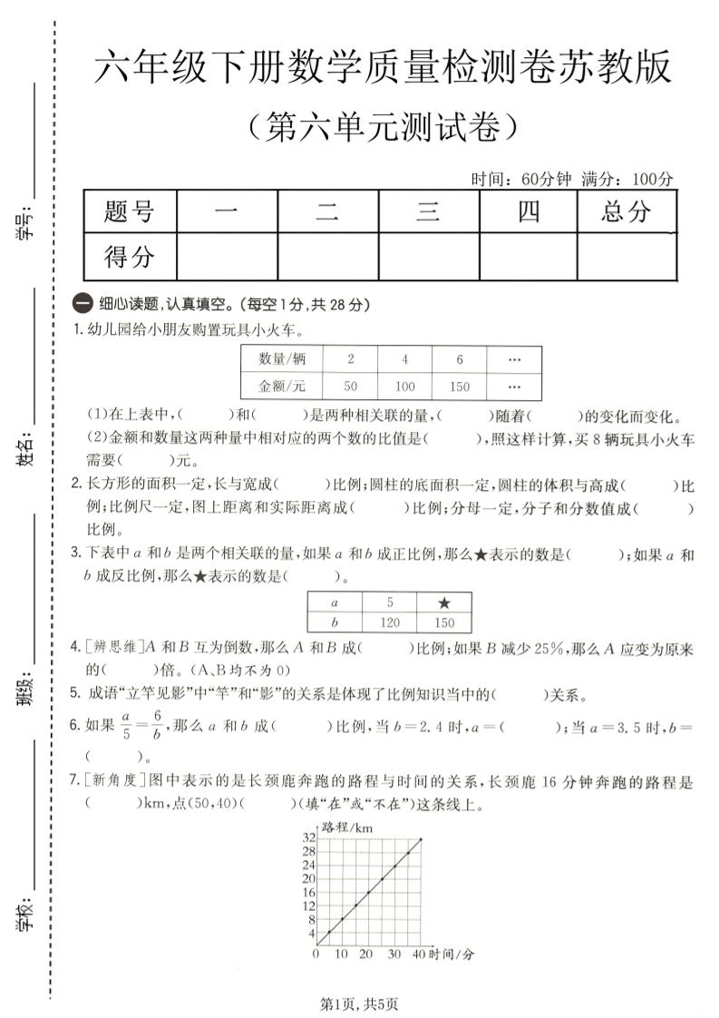 六年级下数学第六单元质量检测卷1《苏教版》-优优云创网
