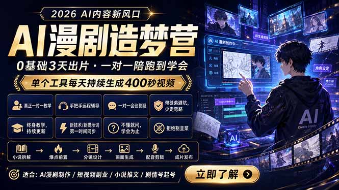 AI漫剧造梦营:0基础3天出片,单个工具每天持续生成400秒视频-优优云创网