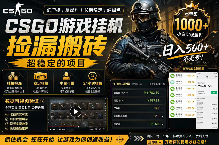 CSGO游戏搬砖,全自动挂G,不需要玩游戏,手机操作日入300+,解放双手【揭秘】-优优云创网