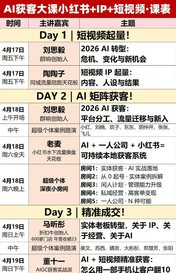 20260523112135632-6555263f77826d1a8a48e380a4d0350c AI获客大课小红书+IP+短视频3天2夜线下课,用最真实的一线案例,最前沿的AI工具,最有效的流量打法