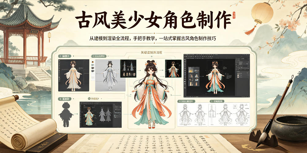 古风美少女角色制作，从建模到渲染全流程，手把手教学，一站式掌握古风角色制作技巧-优优云创网