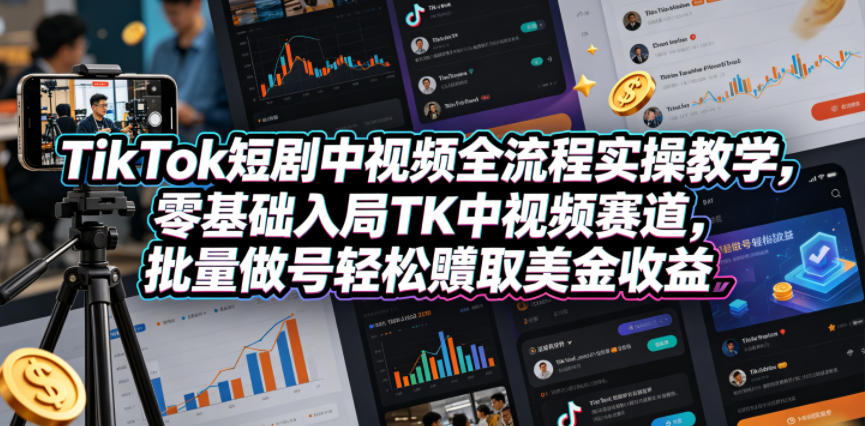 TikTok短剧中视频全流程实操教学,零基础入局TK中视频赛道,批量做号轻松賺取美金收益-优优云创网