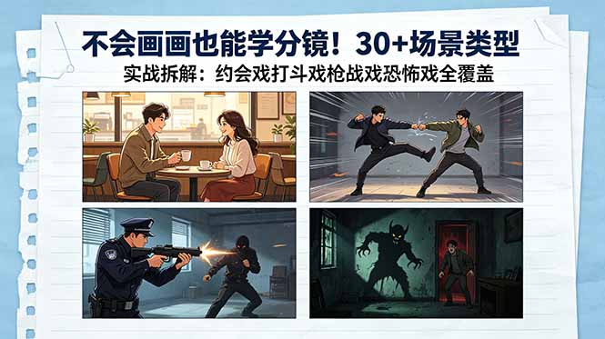 不会画画也能学分镜!30+场景类型实战拆解:约会戏打斗戏枪战戏恐怖戏全覆盖-优优云创网