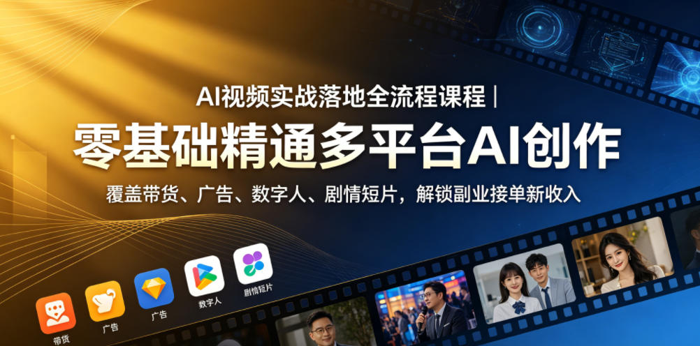 AI视频实战落地全流程课程｜零基础精通多平台AI创作，覆盖带货、广告、数字人、剧情短片，解锁副业接单新收入-优优云创网