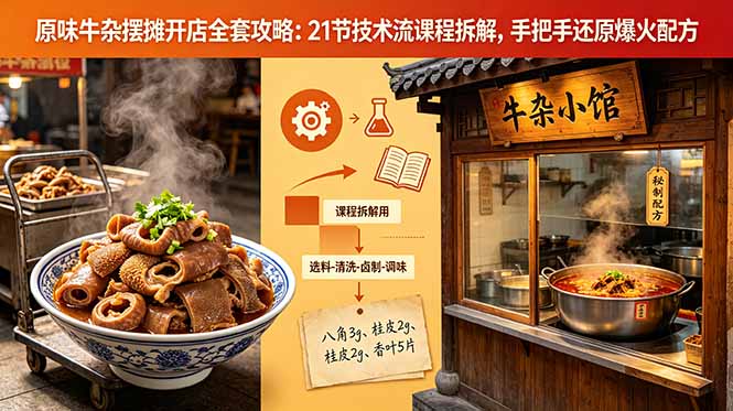 原味牛杂摆摊开店全套攻略：21节技术流课程拆解，手把手还原爆火配方-优优云创网