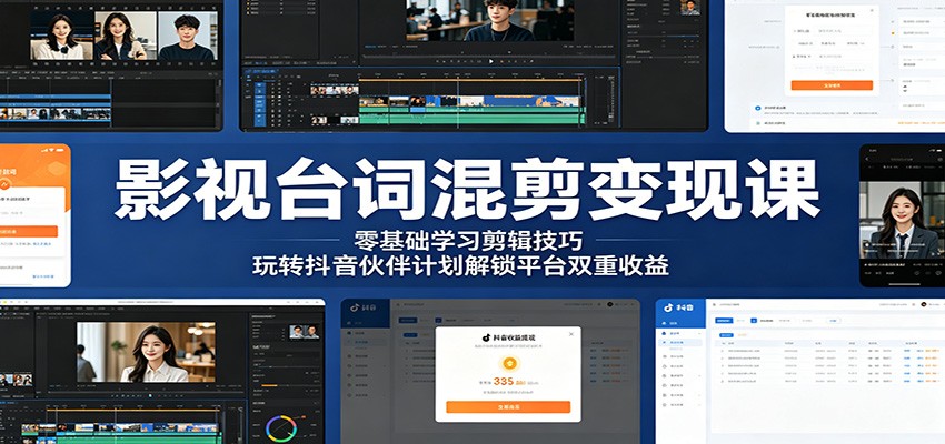 影视台词混剪变现课:零基础学习剪辑技巧,玩转抖音伙伴计划解锁平台双重收益-优优云创网