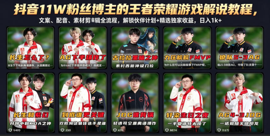 抖音11W粉丝博主的王者荣耀游戏解说教程,文案、配音、素材剪辑全流程,解锁伙伴计划+精选独家收益,日入1k+-优优云创网