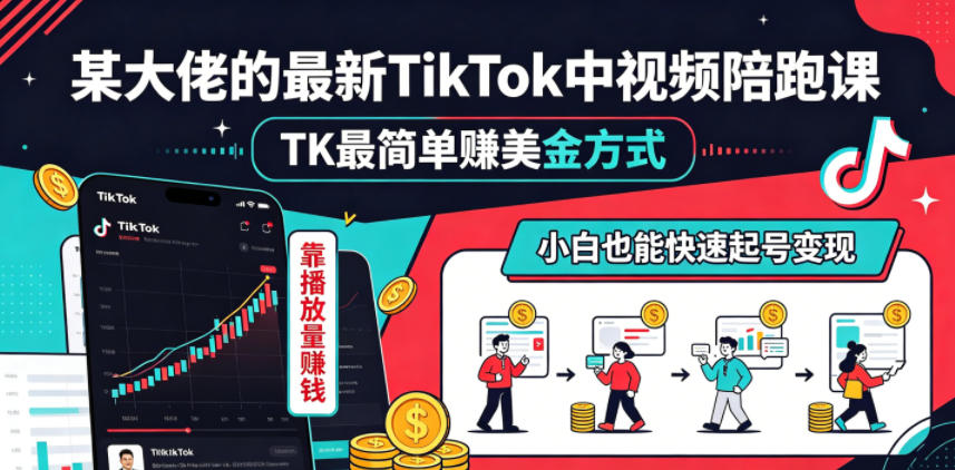 某大佬的最新TikTok中视频陪跑课,TK最简单賺美金方式,靠播放量賺钱,小白也能快速起号变现-优优云创网