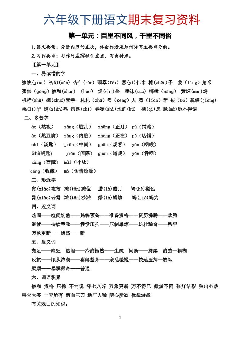 六年级下语文期末复习资料-优优云创网