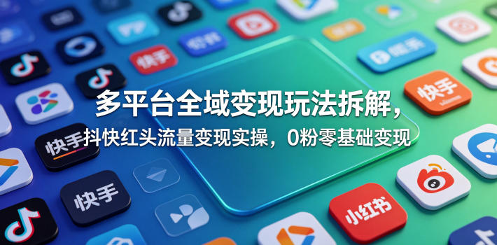 多平台全域变现玩法拆解，抖快红头流量变现实操，0粉零基础变现-优优云创网