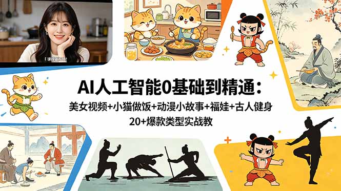 AI人工智能0基础到精通：美女视频+小猫做饭+动漫小故事+福娃+古人健身，20+爆款类型实战教学-优优云创网