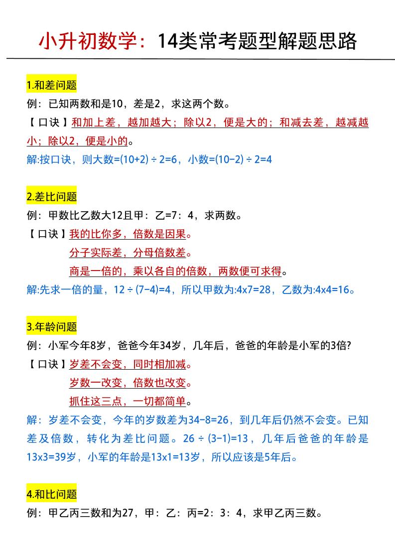 六年级下数学小升初：14类常考题型解题思路-优优云创网