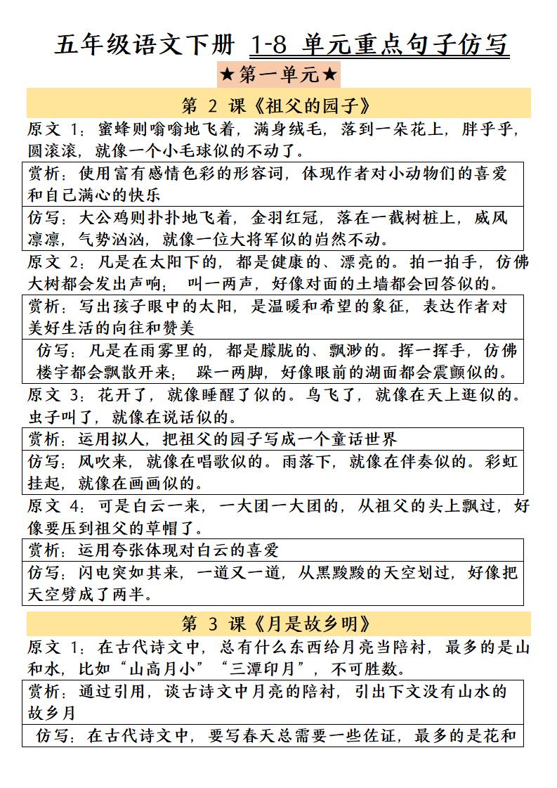五年级下语文1-8单元重点句子仿写-优优云创网