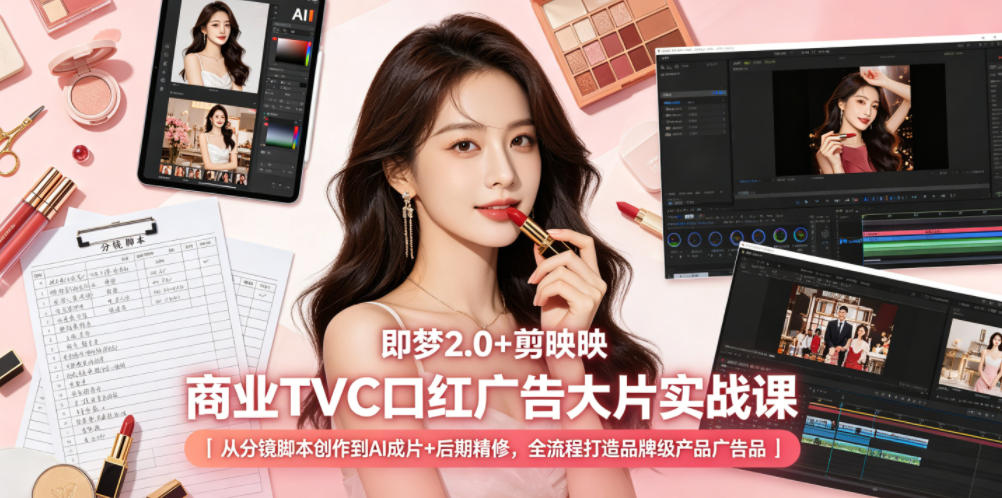 即梦2.0+剪映商业TVC口红广告大片实战课｜从分镜脚本创作到AI成片+后期精修，全流程打造品牌级产品广告-优优云创网