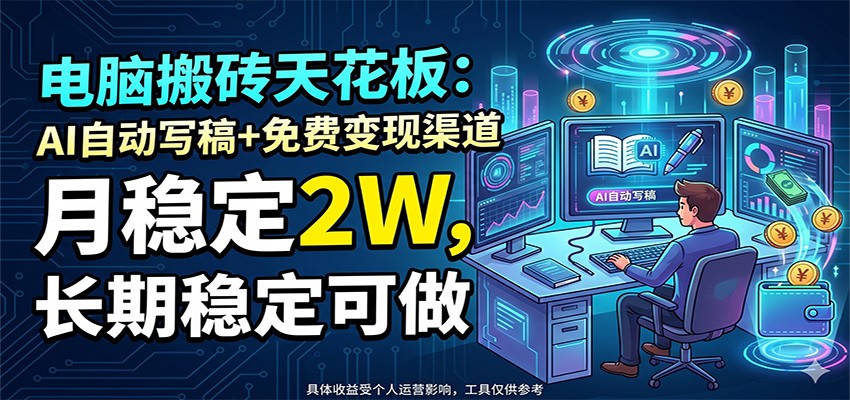 电脑搬砖天花板：AI自动写稿+免费变现渠道，月稳定2W，长期稳定可做-优优云创网