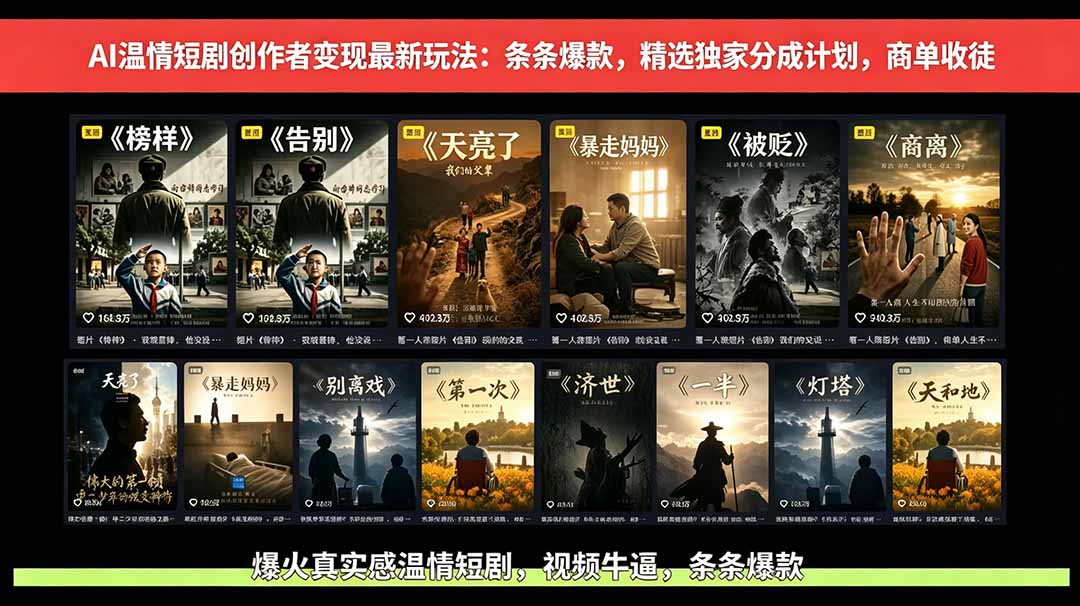 AI温情短剧创作者变现最新玩法：视频牛逼，条条爆款，精选独家分成计划，商单收徒-优优云创网