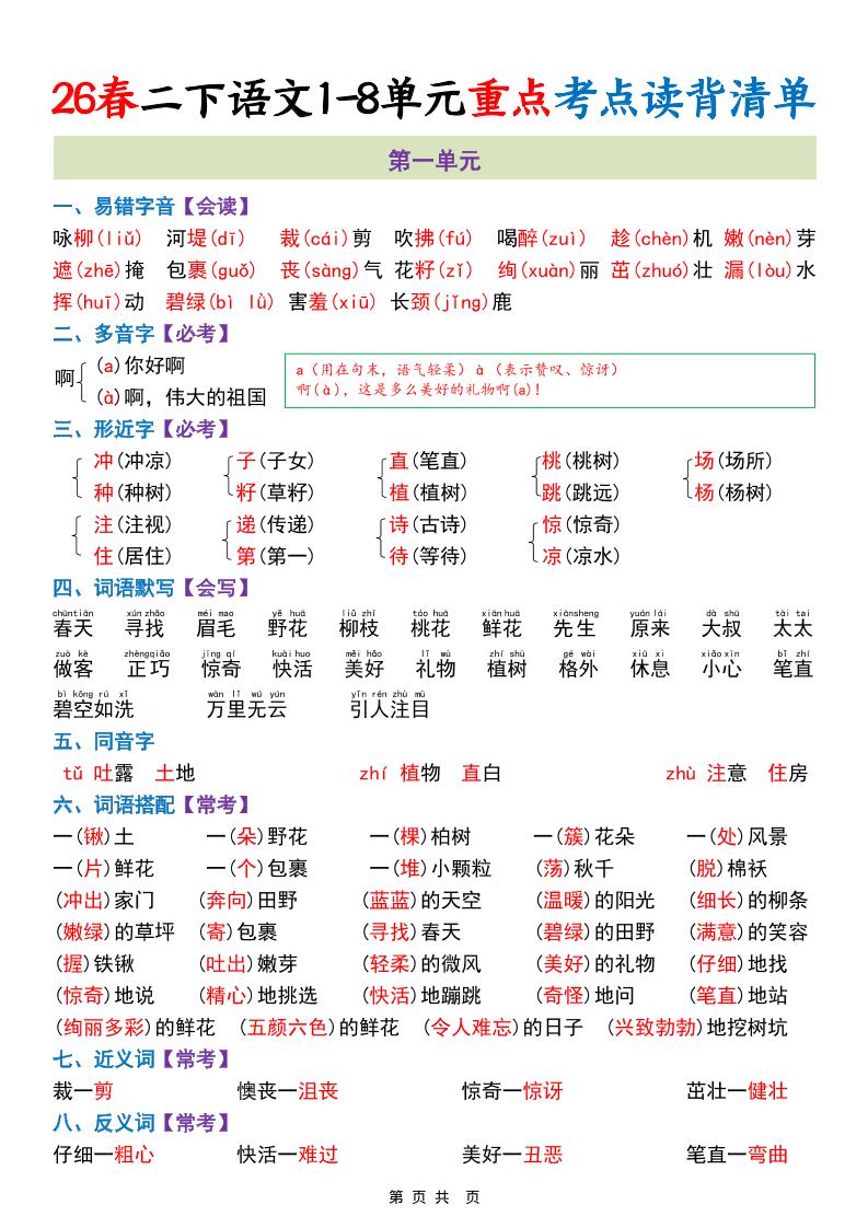 二年级下语文1-8单元重点考点读背清单-优优云创网