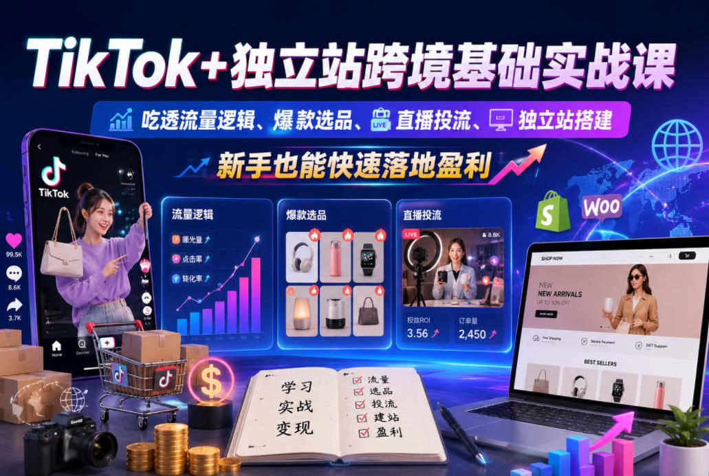 TikTok+独立站跨境基础实战课，吃透流量逻辑、爆款选品、直播投流与独立站搭建，新手也能快速落地盈利-优优云创网