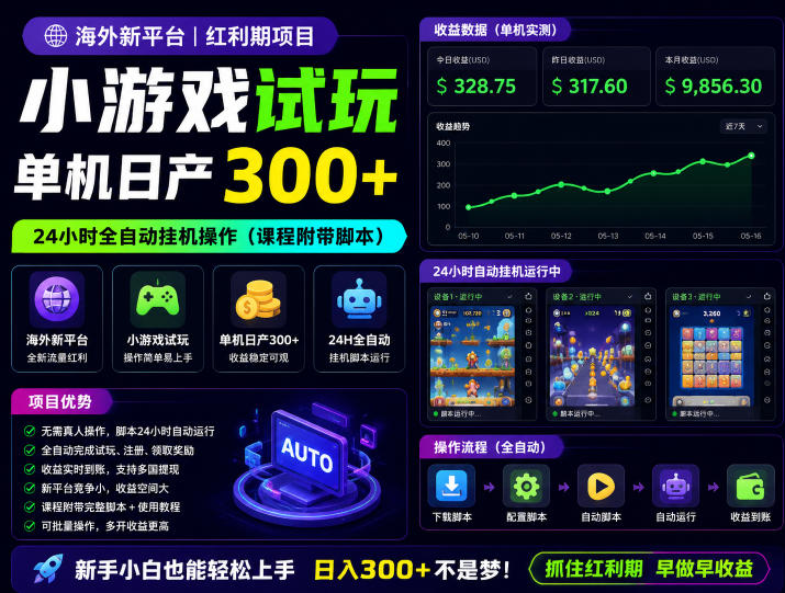 海外新平台，小游戏试玩，单机日产300+，24小时全自动挂G操作(课程附带脚本)【揭秘】-优优云创网