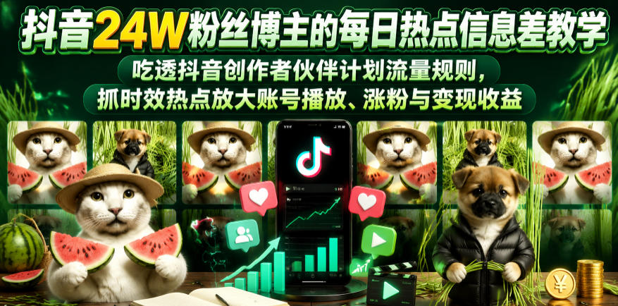 抖音24W粉丝博主的每日热点信息差教学，吃透创作者伙伴计划流量规则，抓时效热点放大账号播放、涨粉与变现收益-优优云创网