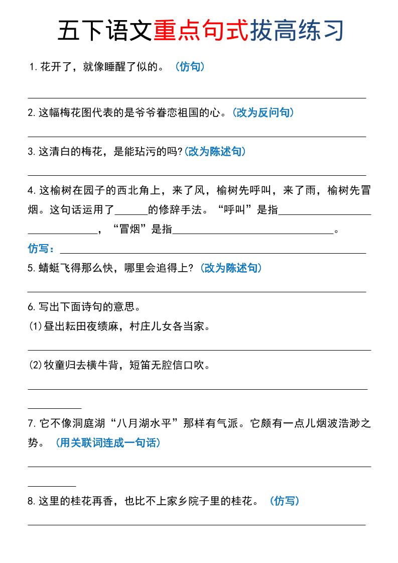 五年级下语文《重点句式》拔高练习-优优云创网
