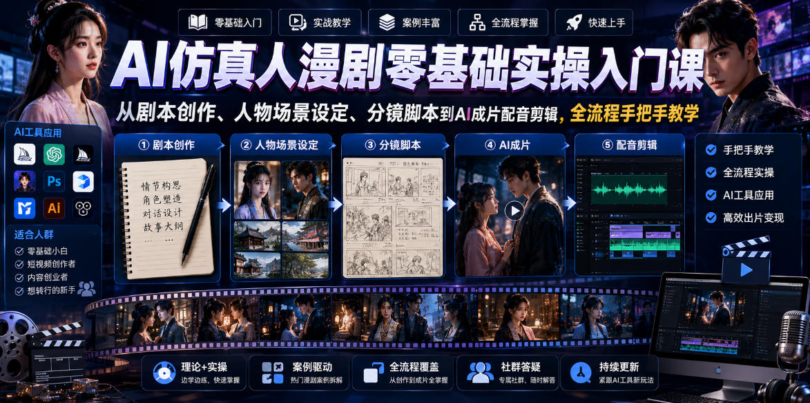 AI仿真人漫剧零基础实操入门课，从剧本创作、人物场景设定、分镜脚本到AI成片配音剪辑，全流程手把手教学-优优云创网