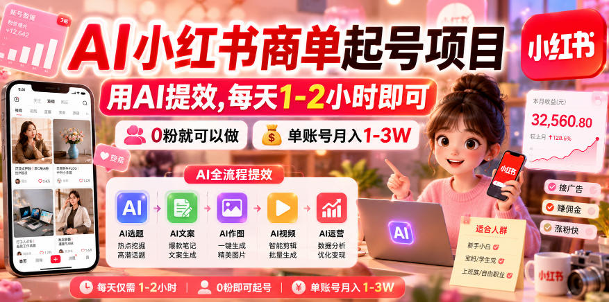AI小红书商单起号项目，用AI提效,每天1-2小时即可，0粉就可以做，单账号月入1-3W-优优云创网