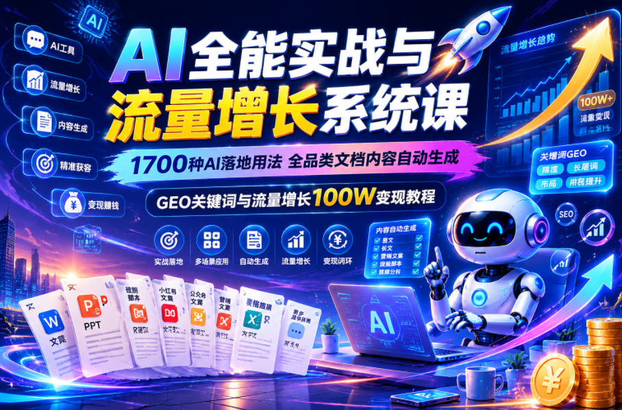 AI全能实战与流量增长系统课,1700种AI落地用法,全品类文档内容自动生成,GEO关键词与流量增长100W变现教程-优优云创网