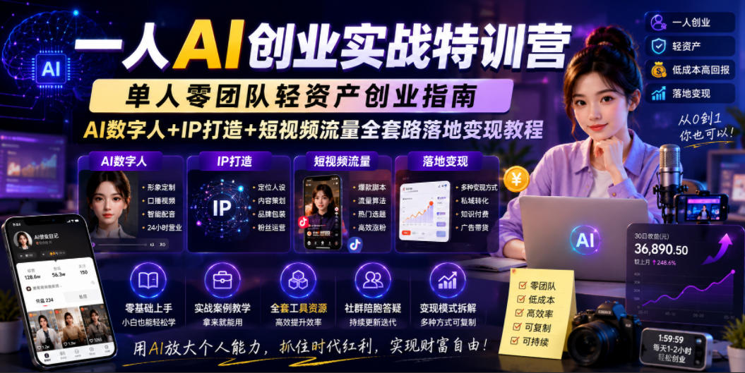 一人AI创业实战特训营,单人零团队轻资产创业指南,AI数字人+IP打造+短视频流量全套路落地变现教程-优优云创网