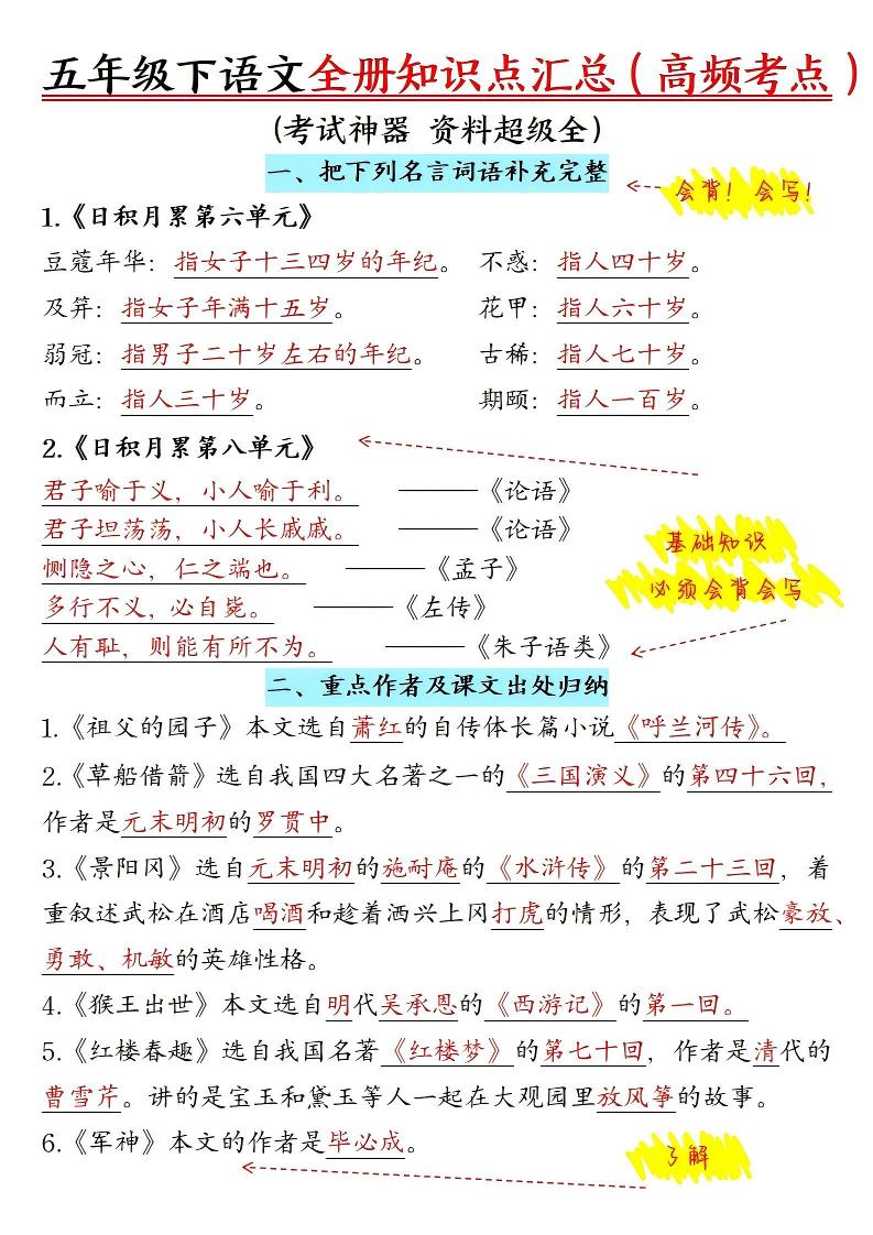 五年级下语文期末全册知识点汇总高频考点-优优云创网
