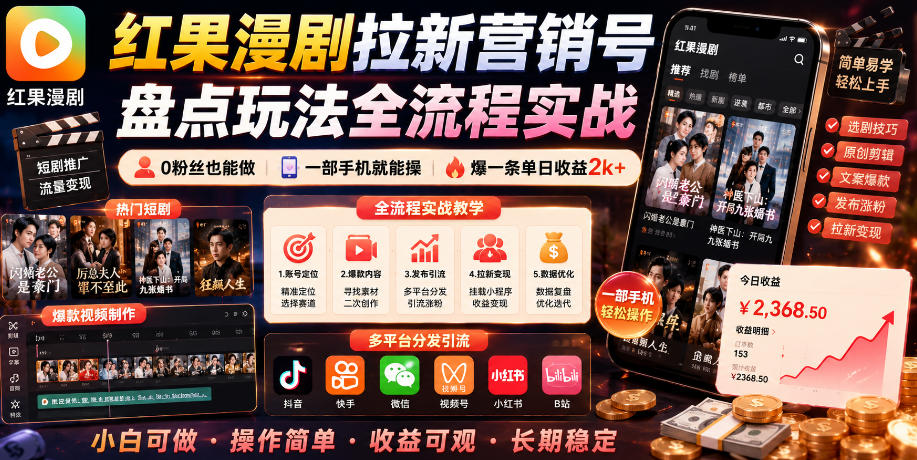 20260611185731322-a8b29d63307445bc9f92606c35295681 红果漫剧拉新营销号盘点玩法全流程实战,0粉丝也能做,一部手机就能做,爆一条单日收益2k+