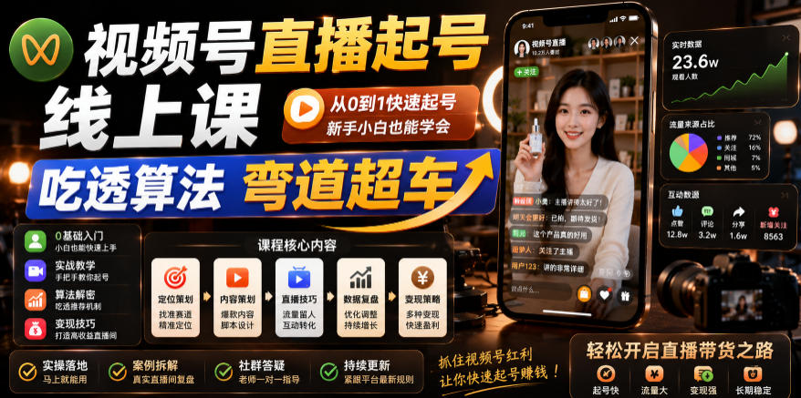 视频号直播起号线上课，吃透算法弯道超车(2026年6月)-优优云创网