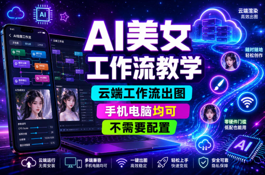 AI美女工作流教学，云端工作流出图，手机电脑均可，不需要配置，快速起号涨粉-优优云创网