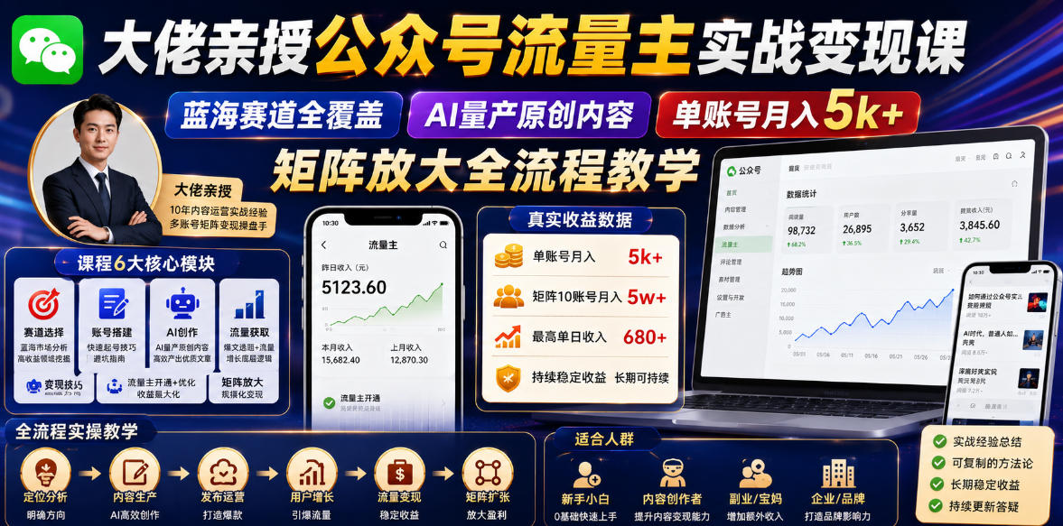 大佬亲授公众号流量主实战变现课,蓝海赛道全覆盖,AI量产原创内容,单账号月入5k+矩阵放大全流程教学-优优云创网